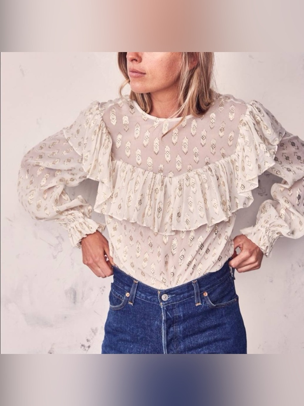 LoveShackFancy Erin Blouse Cream With Metallic SZ S - Picture 2 of 6